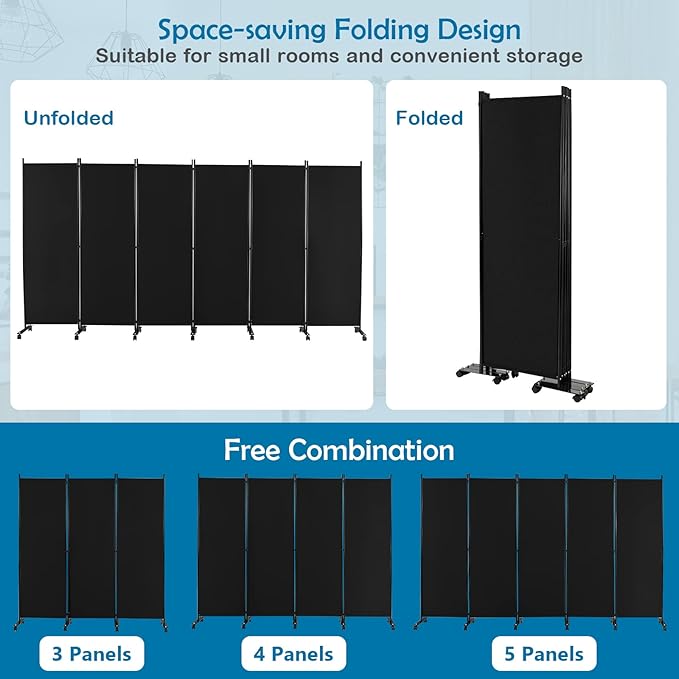 GOFLAME 6 Panel Folding Room Divider, 6FT Rolling Privacy Screen with Lockable Wheels, Portable Room Partition Screen, Freestanding Wall Divider and Separator for Home Office, Black