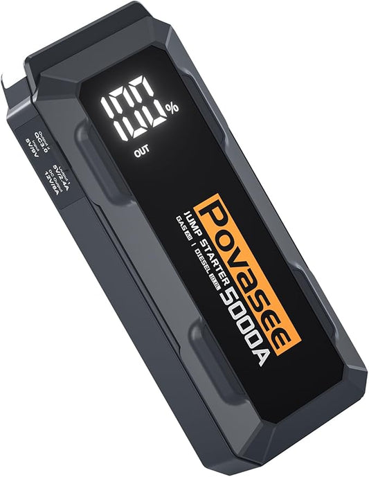 5000A Jump Starter | Povasee A40 Car Battery Jump Starter, 12V Portable Power Pack for All Gas & 10L Diesel Engines, with 3" LCD Display, Dual USB Output & Multi-Mode LED Light