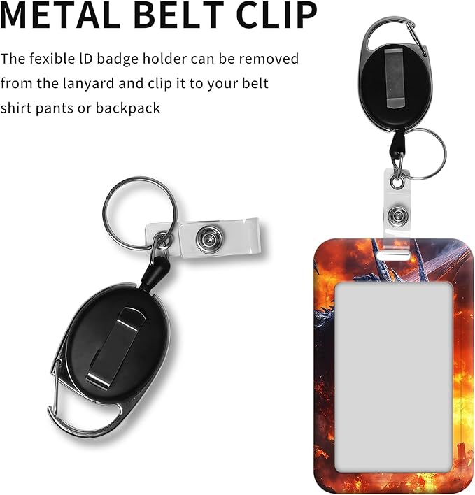 ID Badge Holder with Retractable Lanyard for Women & Men,Vertical ID Card Holder Wallet,Clear Window&Card Slot,Detachable Neck Strap for Nurse Teacher Office,Dragon Fire Ruins
