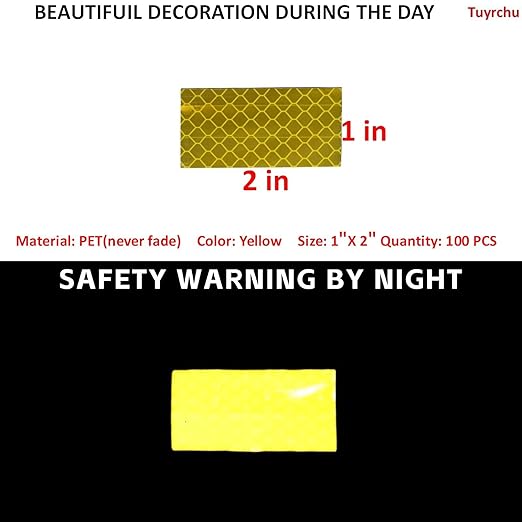 Non Fading Yellow Reflective Stickers 1 inch X 2 inch, Outdoor Waterproof High Visibility Warning Safety Adhesive Reflector Tape (100 Pcs)