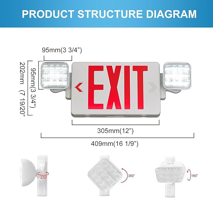 Double Sided LED Emergency EXIT Sign, Remote Capable, Two LED Flood Lights, Backup Battery, US Standard Red Letter Emergency Exit Lighting, Commercial Grade, 120-277V, FireResistant(UL 94V-0) (6 Pack)