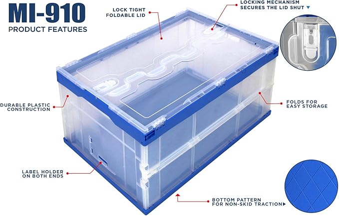 Mount-It! Folding Plastic Storage Crate, Collapsible Utility Distribution Container with Attached Lid, 23x15x13 Inches, 65L Liter Capacity, Clear (SET OF 3)