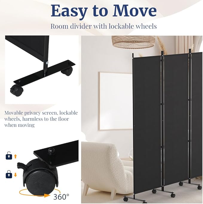 Kokorona 4 Panel Room Divider, 6FT Tall Rolling Privacy Screen with Lockable Wheels, Folding Wall Dividers Portable Room Divider for Room Separation, Included - Cover Strips, Black, 88''W x 70''H
