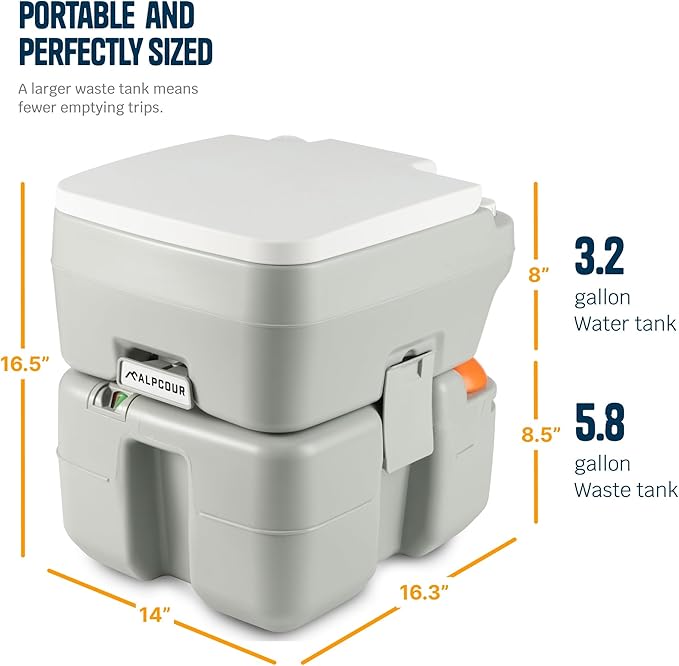 Alpcour Portable Toilet – Compact Indoor & Outdoor Commode w/Travel Bag for Camping, RV, Boat – Piston Pump Flush, Built-in Pour Spout & Washing Sprayer for Easy Cleaning