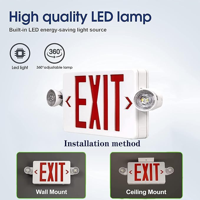 LED Exit Sign with Emergency Light, Double Sided Red with Battery Backup, Red Letter Emergency Exit Sign Lights with Two Adjustable Heads 120-277V AC UL Listed (4Pack, Red)