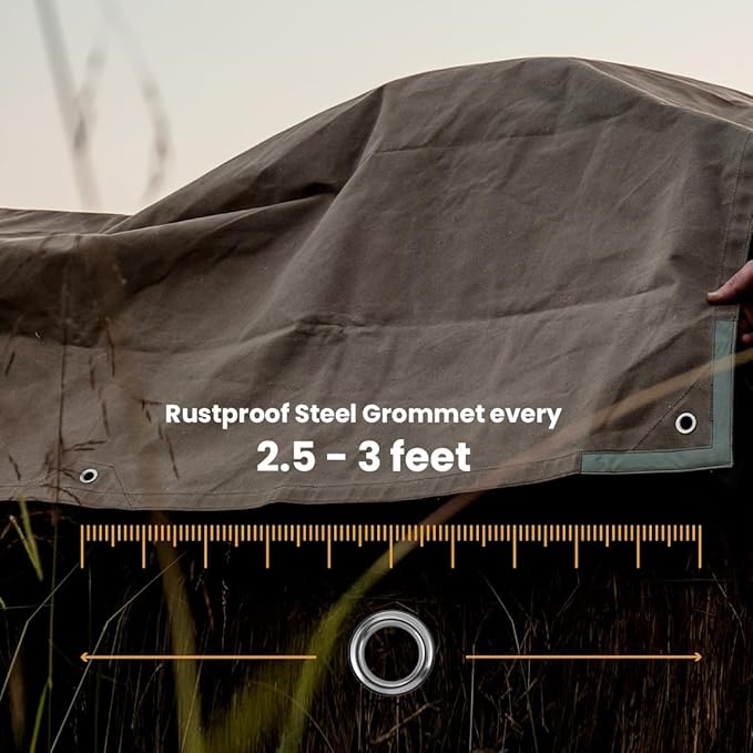 WHITEDUCK Canvas Tarp 18 oz. Heavy Duty Waterproof UV Resistant, Rustproof Grommets, Industrial & Commercial Use Cloth Tarp (Cut Size: 8'x16', Finished Size: 7'6" x15'6", Olive Drab)