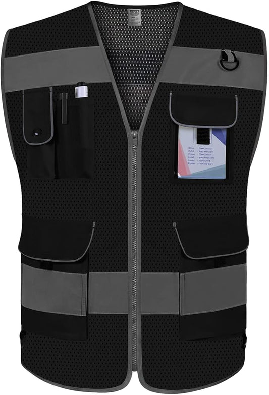 TCCFCCT Mesh Black Safety Vest for Men Women 9 Pockets High Visibility Reflective Vest for Safety, Work Vest with Reflective Strips, Meets ANSI/ISEA Standards, Large