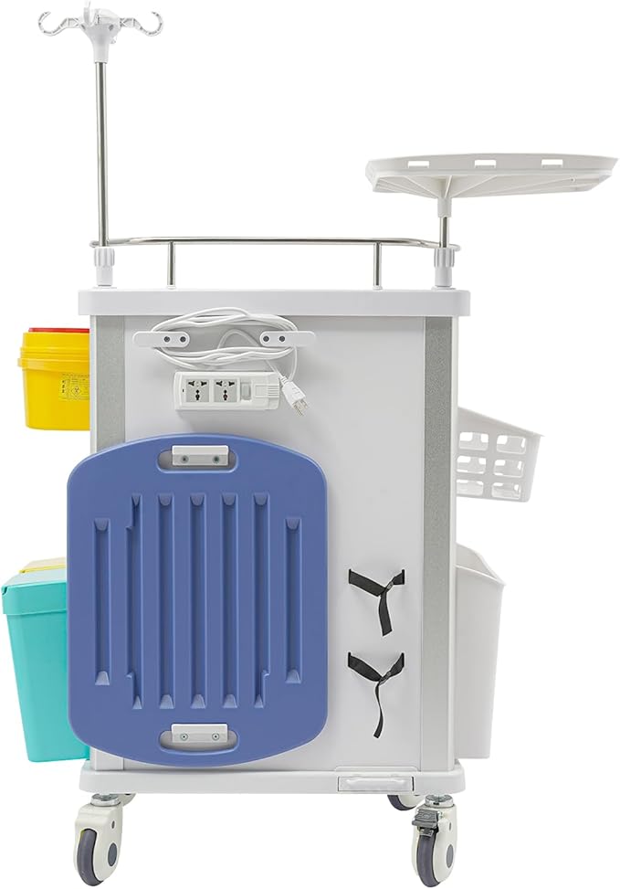 Rolling Crash Cart with Drawers & Adjustable IV Pole, Silent Casters, Needle Disposal Holder, Trash Bin, O2 Holder, Utility Trolley Cart for Clinic, Hospital, Salon, Lab, Load 176 Lbs (Blue)
