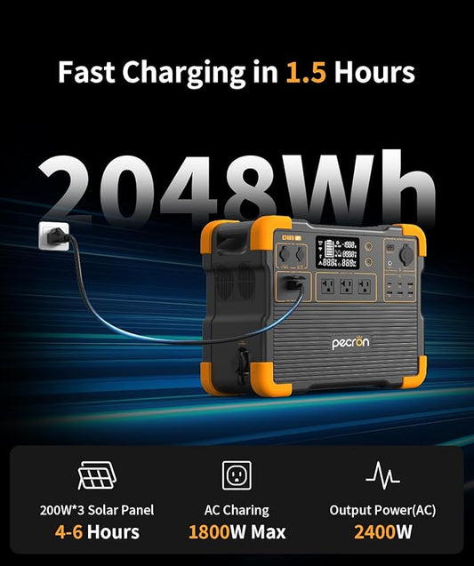 Pecron E2400LFP Portable Solar Generator with Cart Kit, 2048Wh LiFePO4 Home Battery Backup, 3 AC Outlets 2400W Portable Power Stations for Camping, RV, Emergencies, Power Outages