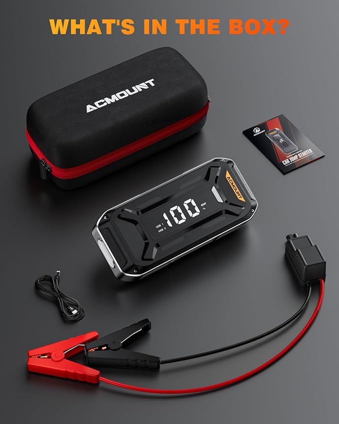 Acmount P120 Car Battery Jump Starter Portable, 6000A 12V Car Jumper Starter with Jump Box (All Gas/10.0L Diesel), LCD Display, USB Quick Charge & LED Light, Ultimate Durable Battery Jump Pack