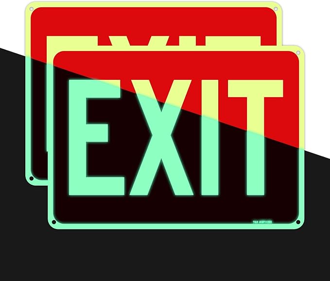 T&R Large Exit Sign - 2 Pack - - 14 x 10 Inches Rust Free .040 Aluminum Glow-In-The-Dark - UV Protected, Waterproof and Fade Resistant - 4 Pre-drilled Holes