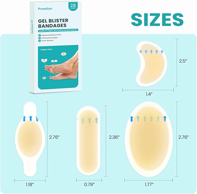 Blister Pads - 28 ct Water Resistant Hydrocolloid Bandages for Foot, Toe, Heel - Gel Blister Cushions for Prevention & Recovery, Variety Pack