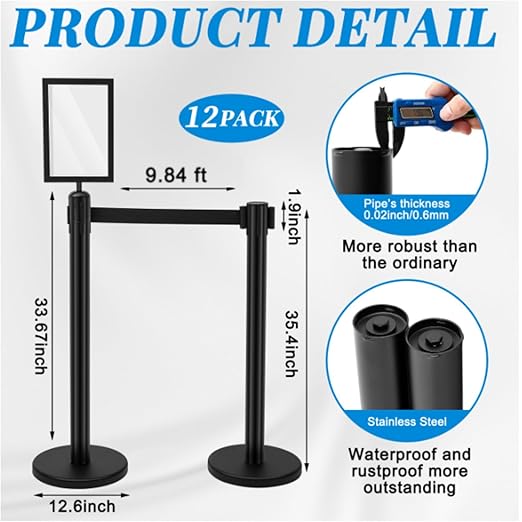 Geelin Heavy Duty Crowd Control Stanchions Stainless Steel Stanchion Set with Safety Barrier Post with Retractable Belt and Sign Holder Crowd Control Barrier(9.8ft,Black,12 Pcs Sets)