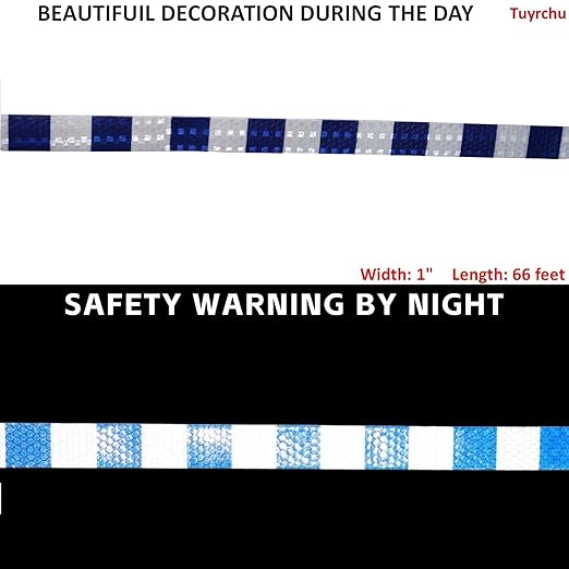 Blue and White Reflective Tape Outdoor Waterproof 1 inch X 66 feet, High Visibility Hazard Conspicuity Safety Industrial Marking Tape