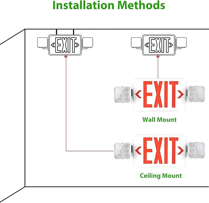 LED Combo Exit Sign Emergency Light, Double Sided with Two LED Flood Lights, Exit Signs for Business with Battery Backup, Fire Resistant, Commercial Grade 100-277V