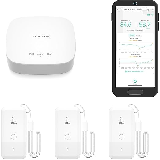 YoLink Smart Wireless Thermometer Hygrometer, 3-Pack, Wide Temp Range for Freezer, Fridge, Green House, Pet Cage, App Alerts, Emails, Text/SMS alerts, 5 Years Battery Life- Hub Included