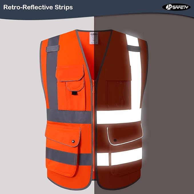 JKSafety 9 Pockets Class 2 High Visibility Zipper Front Safety Vest With Reflective Strips, Meets ANSI/ISEA Standards (150-Orange M)