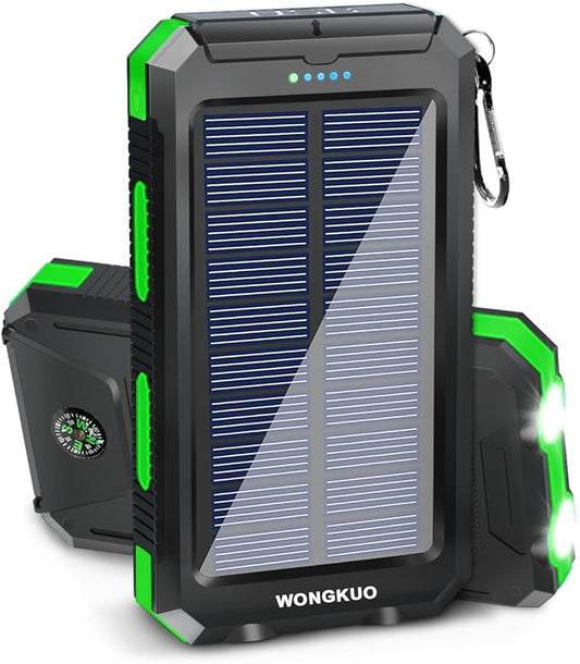 WONGKUO Solar Charger Power Bank - 36800mAh Solar Phone Charger, QC3.0 Fast Charger with LED Flashlight, IP65 Waterproof Portable Power Bank for Outdoor Activities (Matte Green)