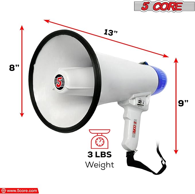 5 CORE Megaphone Speaker Portable 20W Bullhorn w Siren Adjustable Volume Bull Horn 300 Meter Range Battery Operated Handheld Mega Phone for Coaches Safety Drill - Parent MEGA 20R