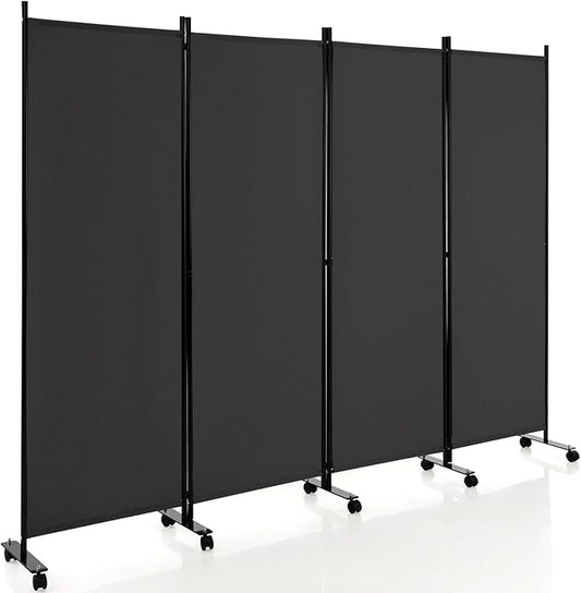Giantex 4 Panel Room Divider, Folding Privacy Screen with Lockable Wheels, Rolling Partition Room Dividers, Freestanding Fabric Wall Divider for Home Office Studio Separation, 89''W x 68''H, Gray