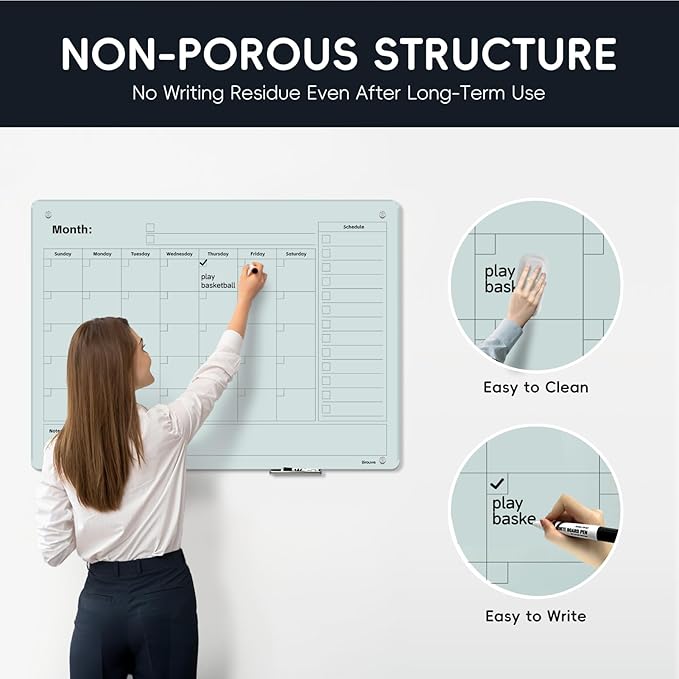 Magnetic Glass Whiteboard - 48"x36" Frameless Dry Erase Board with Monthly Calendar for Office, School, and Home