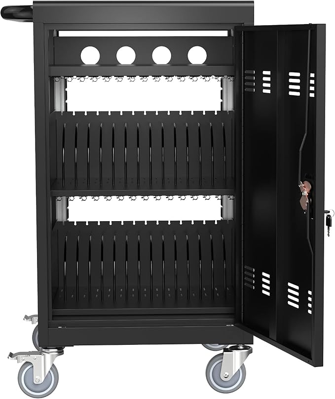 30-Device Mobile Charging Cart with Charging Power Strip and Front and Rear Access Locks, Cable Management, Up to 17"", Safe Charging Cabinet for Ipads, Chromebooks, Tablets, Laptops Black
