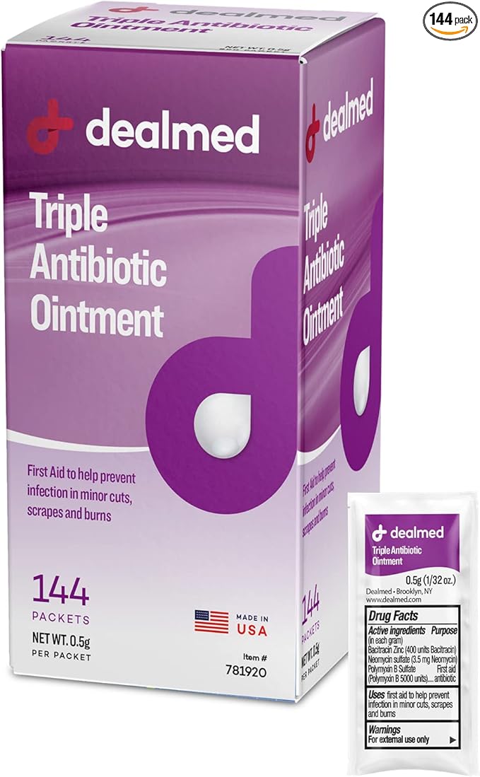 Dealmed Triple Antibiotic Ointment – Single-Use Packets for Instant Relief from Cuts, Scrapes and Burns, 144 Packets/Box (.5g) - Pack of 1
