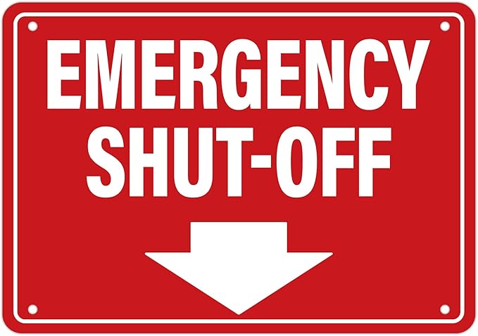 Emergency Shut-Off Sign Sticker with Down Arrow, Waterproof Durable Emergency Stop Stickers, Shut Off Valve Sign for Powered Machinery and Equipment