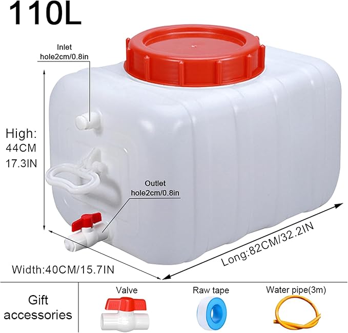 Large Capacity Water Container with Spigot Hose, Portable Water Storage Tank 52.8 Gallon No Leakage Camping Water Carrier for Emergency Vehicle Car Outdoor Hiking Picnic(Size:110L/29Gal)