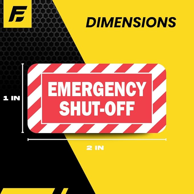 Emergency Shut Off Sticker (small) | Emergency Stop Stickers | Shut Off Valve Sign for Powered Machinery and Equipment - Heavy-Duty, Weatherproof, Ultra Durable – USA Made (2x1 inch), 20 Labels