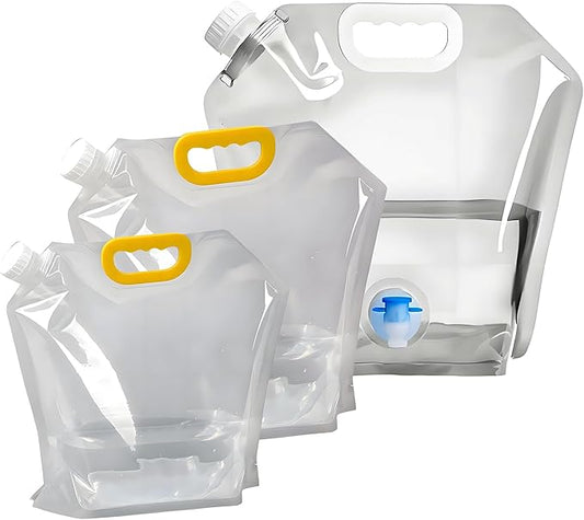 Collapsible Water Storage Bag 3-Pack(0.4 Gal + 0.8 Gal + 1.3 Gal) Portable Water Container with Faucet for Camping,Hiking, Emergency | Transparent Outdoor Water Bag with Carry Handle (3-Pack 2.5 Gal)
