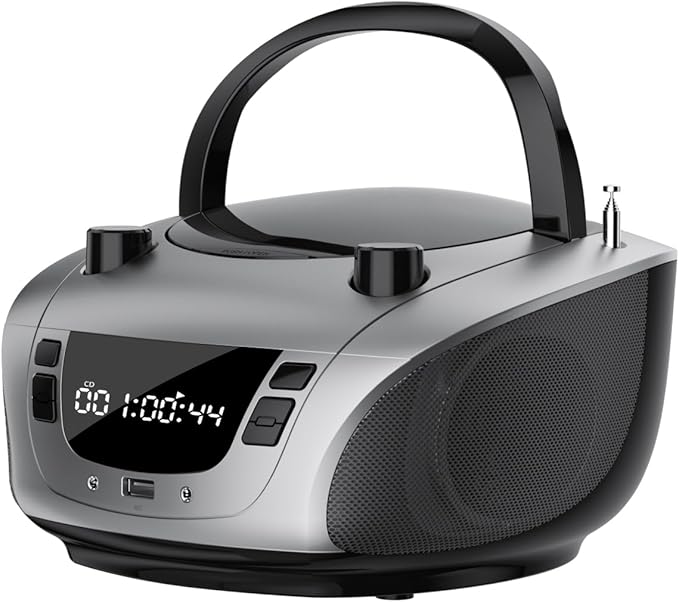 LONPOO Portable CD Boombox -FM & AM Radio, CD Player, Bluetooth, USB, MP3, AUX,Portable, Built-in Stereo Speakers, Carrying Handle, LCD Display,Grey