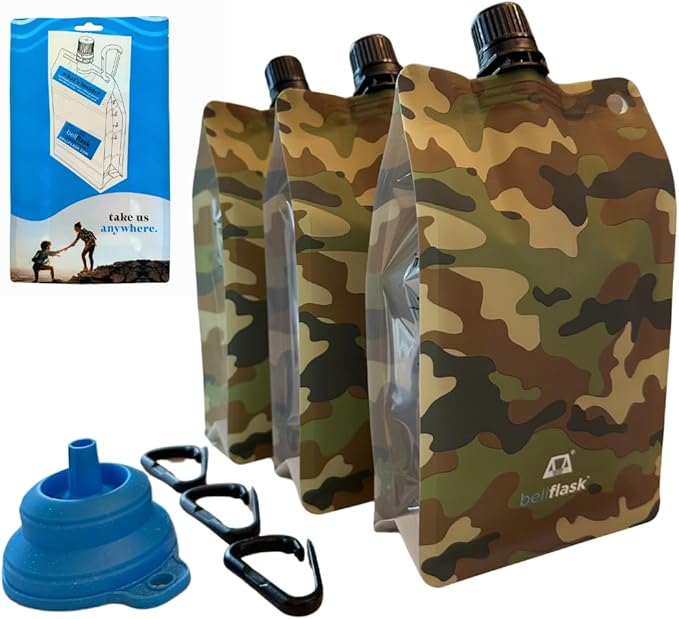 BellFlask - 15 oz. Flask, Patented, Flexible, Metal-Free, Reusuable, Plastic, BPA-Free with Carabiner Clip and Filling Funnel