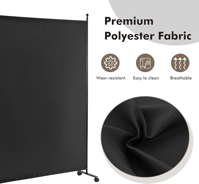 Giantex Room Divider Large Single Panel, 73''W x 73''H Privacy Screen with Lockable Wheels, Rolling Room Divider Panel for Home Office Studio, Partition Fabric Wall Divider for Room Separation, Black