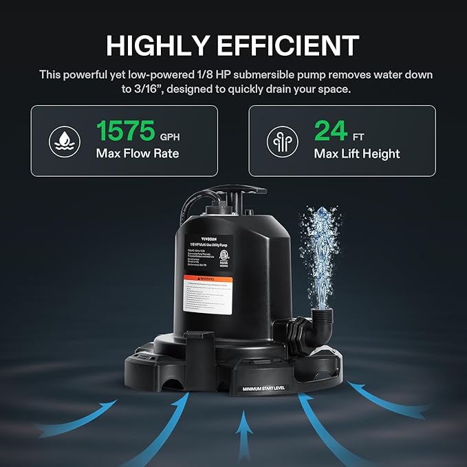 VIVOSUN Submersible Sump Pump, 1575GPH Thermoplastic Portable Utility Water Pump with 10ft Power Cord and 2 Adapters, Ideal for Swimming Pool, Basements, Window Wells