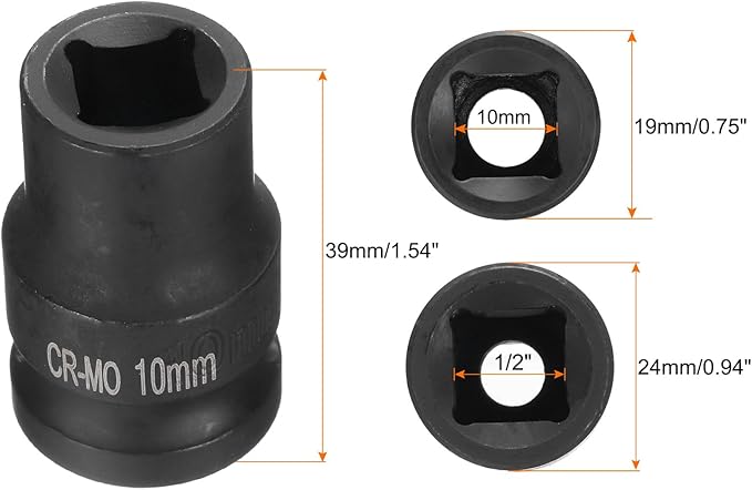 HARFINGTON 4 Point Square Socket 1/2" Drive 10mm Metric Square Impact Socket CR-MO Blackening Standard Wheel Sockets Pneumatic Socket Tool for Auto Repair Mechanical Maintenance Home Use