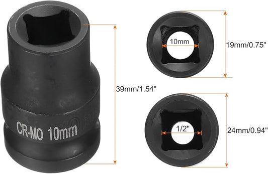 HARFINGTON 4 Point Square Socket 1/2" Drive 10mm Metric Square Impact Socket CR-MO Blackening Standard Wheel Sockets Pneumatic Socket Tool for Auto Repair Mechanical Maintenance Home Use