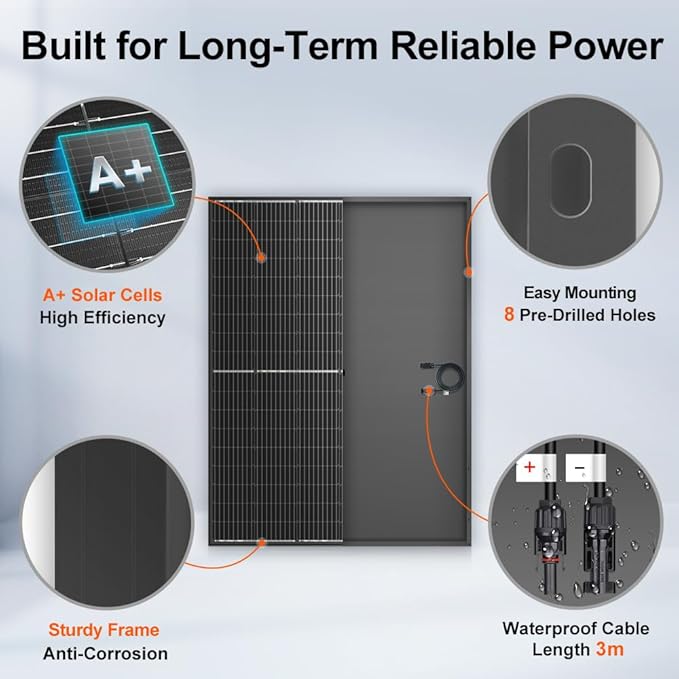 DOKIO 400W Monocrystalline Solar Panel with 31V Voltage, Designed for Charging 12/24V Devices - 3 m Cable, Ideal for Yard/Garden, Shed/Patio/Greenhouse Power, Off-Grid Battery Charging