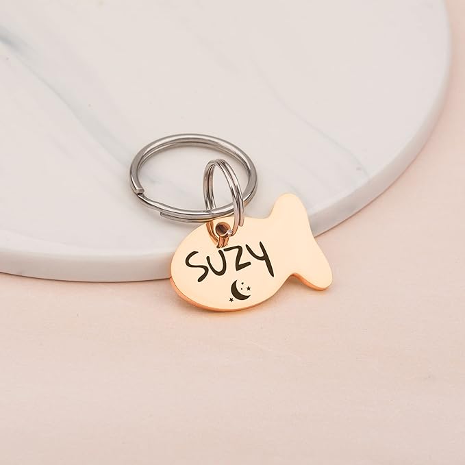 Anavia Small Size Dog Cat ID Tags, Small/XS Personalized Color Plated Stainless Steel Puppy Kitten Name Tags, Customized Engraved Nameplate Pet Collar Tag (Black, Fish)