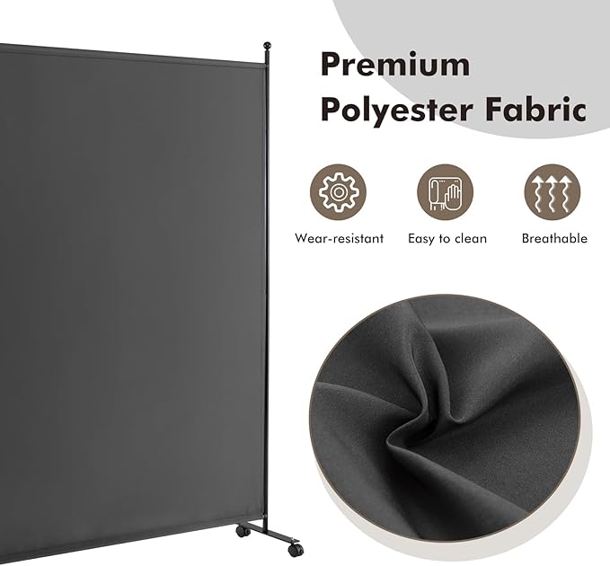 Giantex Room Divider Large Single Panel, 73''W x 73''H Privacy Screen with Lockable Wheels, Rolling Room Divider Panel for Home Office Studio, Partition Fabric Wall Divider for Room Separation, Gray