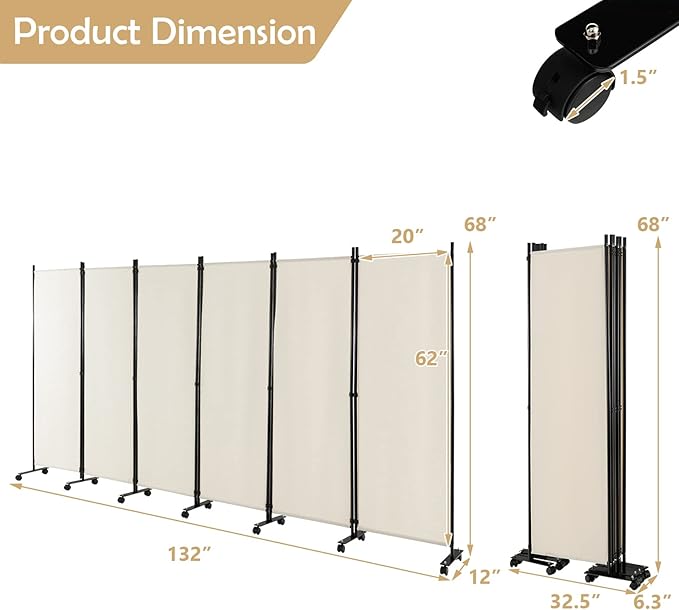 GOFLAME 6 Panel Folding Room Divider, 6FT Rolling Privacy Screen with Lockable Wheels, Portable Room Partition Screen, Freestanding Wall Divider and Separator for Home Office, White