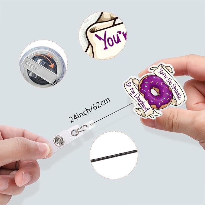 Humor ID Badge Clip, School Nurse Badge Reel with Alligator Clip, Glitter Acrylic Retractable Badge Holder, Cute Funny Design (Donut)