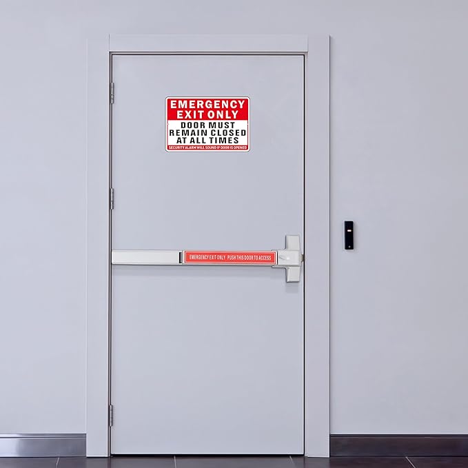 Emergency Exit Only Sign, (2 Pack) Self Adhesive Emergency Exit Sign Sticker for Door, Rust Free and Reflective Aluminum Metal Signs for Wall (9 x 6 inches, Red/White)