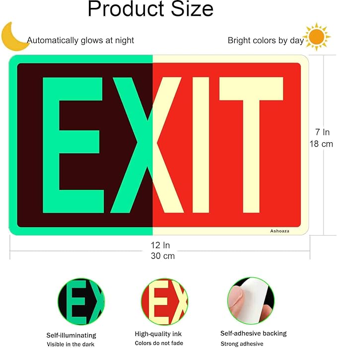 Glow in the Dark Exit Sign Stickers - 4 Pcs, 12x7 In - Ideal Illuminated Emergency Exit Signs for Business or Office - Apply to Door, Wall, Window - Photoluminescent and UV Protected