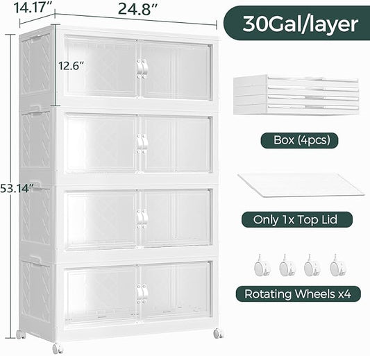 120Gal Stackable Storage Bins with Lid, 480Qt Extra Large Collapsible Storage Box with Doors and Wheels, Plastic Closet Organizer and Storage Cabinet Drawer For Home Kitchen, 4Pack White