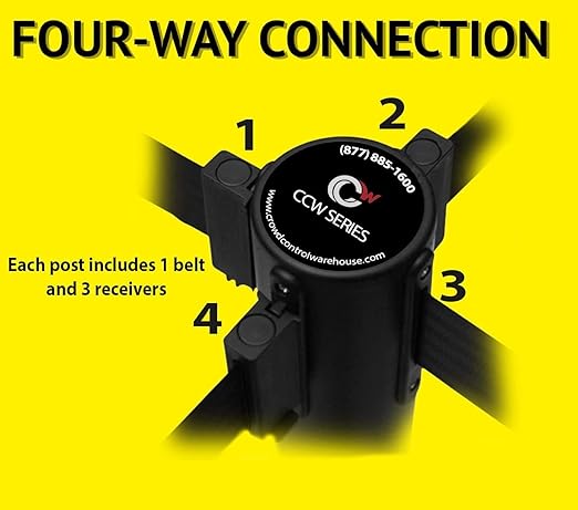 Crowd Control Warehouse - CCW Set of 2 Safety Retractable Belt Barrier Stanchion, Sloped Base, Yellow Post, RBB-100-7.5 ft Belt, Black with Horizontal Red Stripe Belt