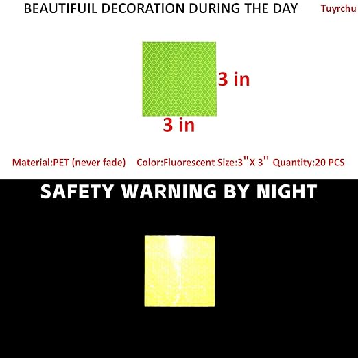 Non Fading Fluorescent Yellow Reflective Stickers 3 inch X 3 inch, Outdoor Waterproof High Visibility Safety Adhesive Reflector (20 Pcs)