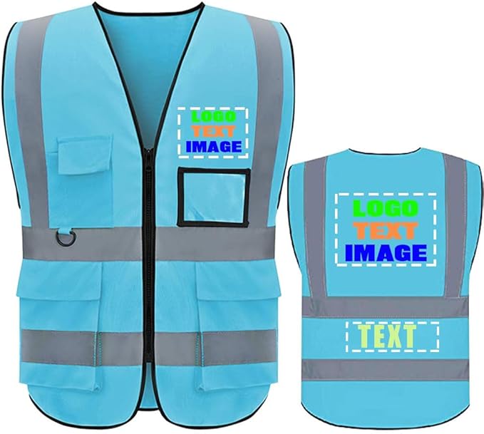 High Visibility Safety Reflective Vest with Pockets and Zipper Construction Hi Vis Work Vest (Large, Blue)