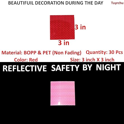 Red Reflective Stickers 3 inch X 3 inch, Outdoor Waterproof High Visibility Warning Safety Adhesive Reflector Tape (30 Pcs)