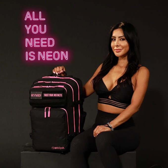 WOLFpak 45L Athletic Gym Backpack - Durable 1000D Waterproof Oxford Material with MOLLE Webbing, Laptop Pocket & Dual Cup Holders, Durable Fitness/Travel/Military Daypack (Neon Pink)